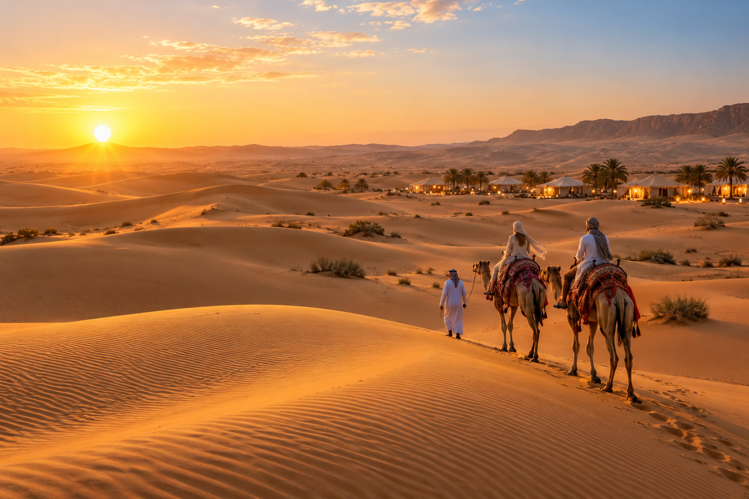 Travelers riding camels through Dubai desert dunes at sunrise
