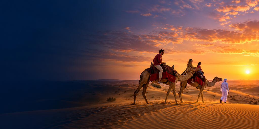 Dubai desert safari camel caravan trekking at sunset across golden sand dunes